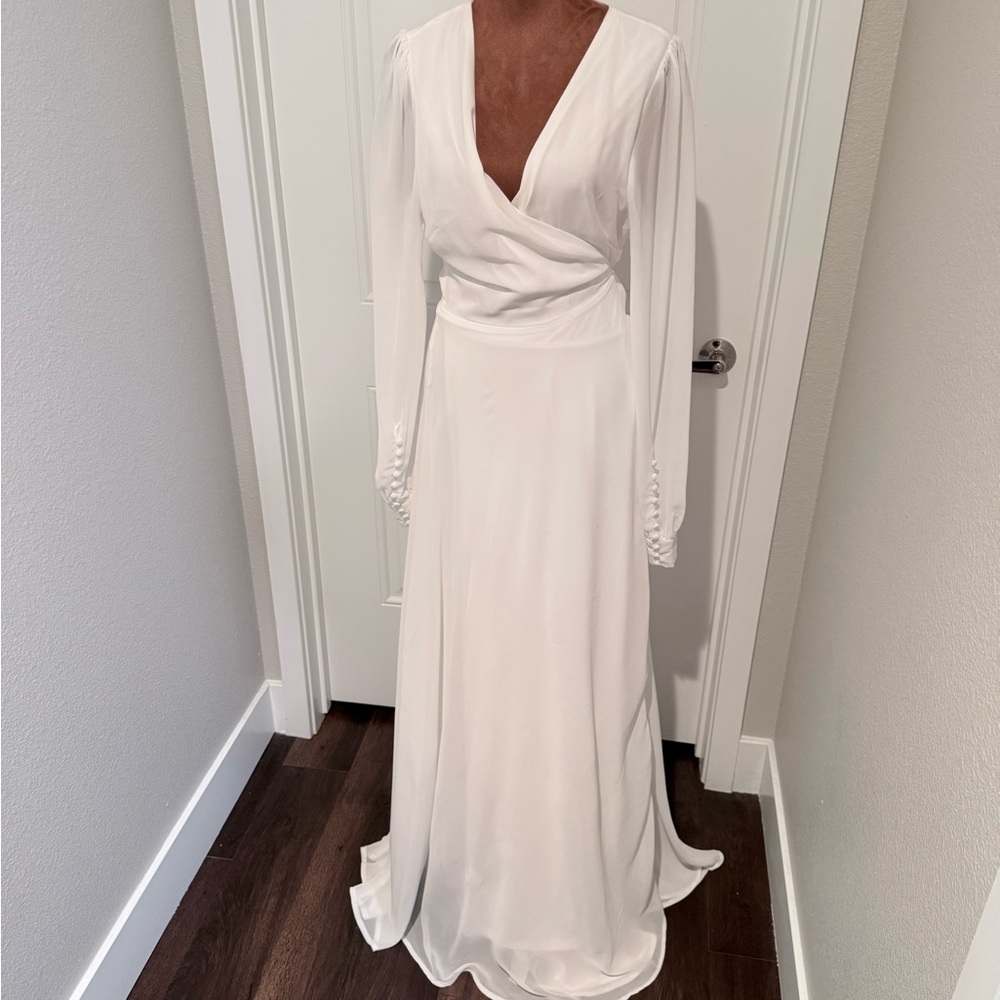 Lulus White Long Sleeve Wrap Maxi Dress – Bridal Wedding Elopement Gown Size L - Picture 12 of 14